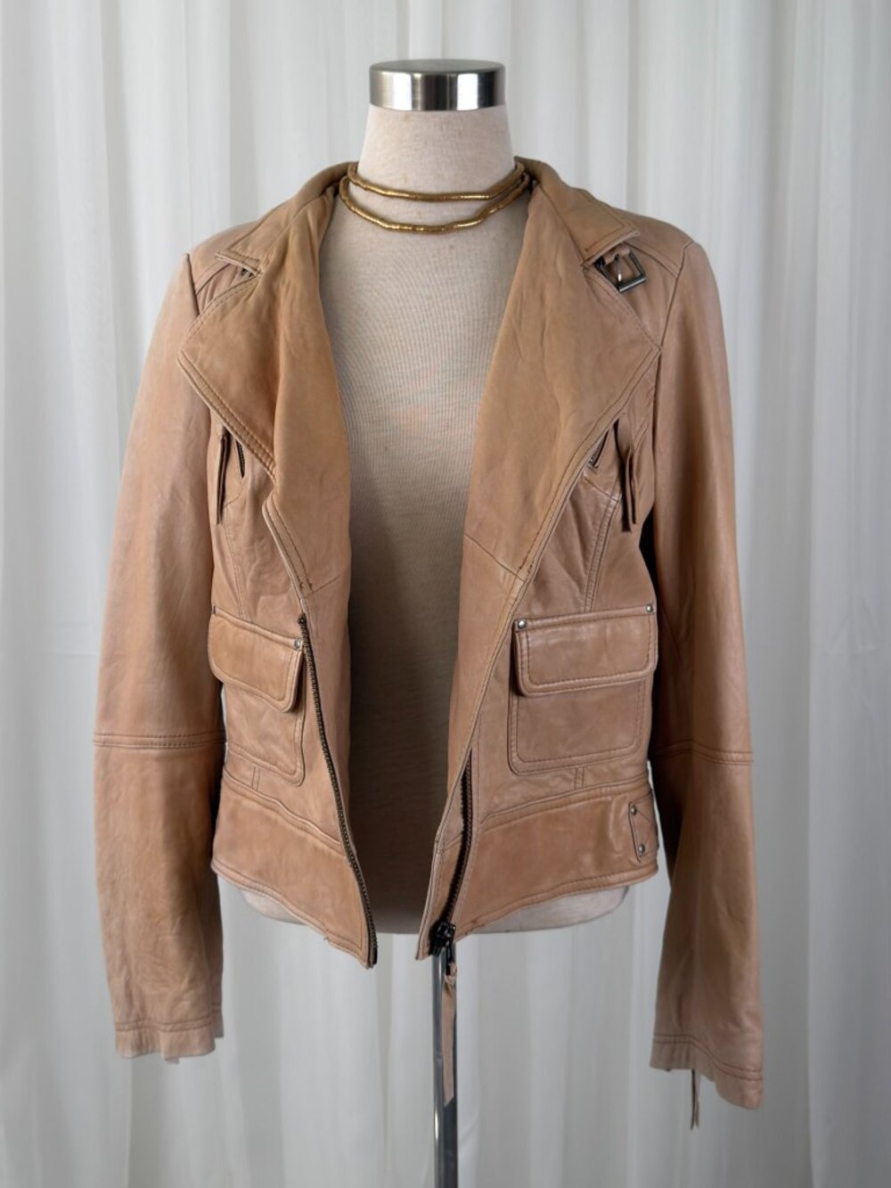Tan Genuine Leather Biker Jacket Asymmetric Zip Moto Womens UK 8 US 4 MintVelvet - Picture 8 of 10